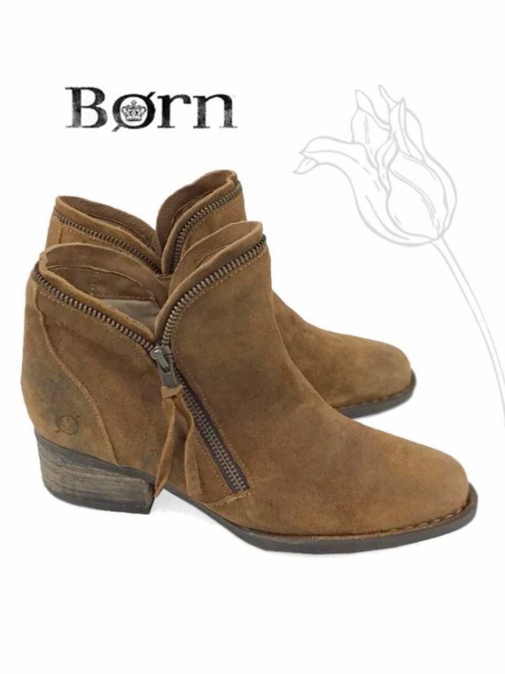 Born Montoro II Taupe Brown Suede Leather Block Heel Zipper Booties